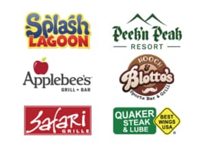 Picture of logos; Splash Lagoon, Peek'n Peak, Applebee's, Hooch & Blotto's, Safari Grills, and Quaker Steak & Lube