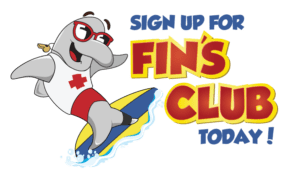 dolphin riding a surfboard: sign up for Fin's Club today!
